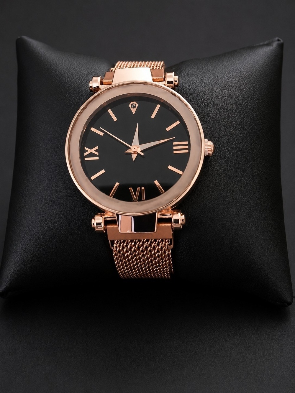 Women's Rose Gold Watch Black Dial Mesh Strap - Picture 2 of 6